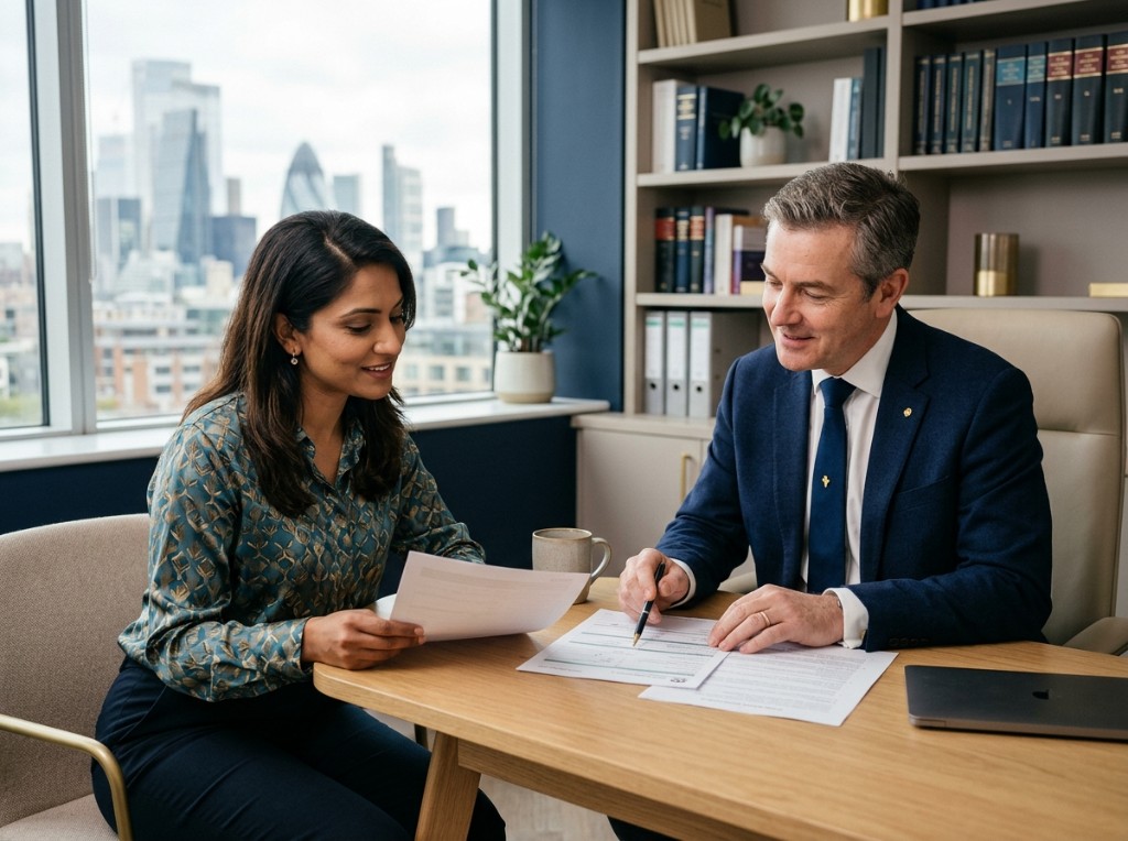 Joseph Cole & Associates consultation — advisers reviewing documents together in a modern office
